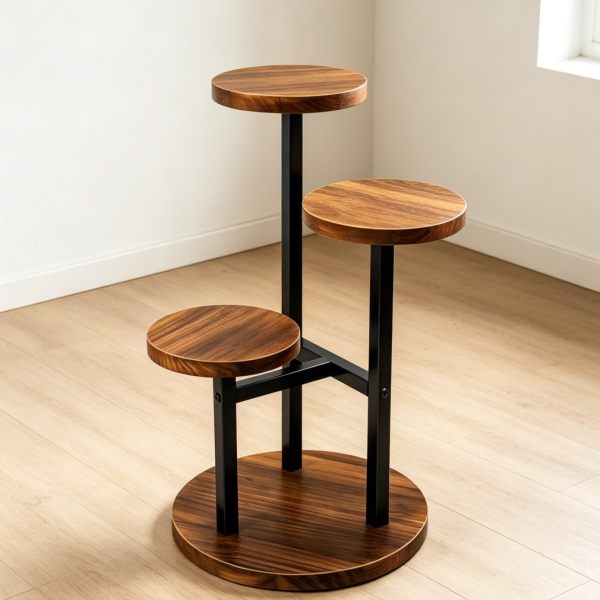 Brown 3 Tier Metal Wood Corner Plant Stand